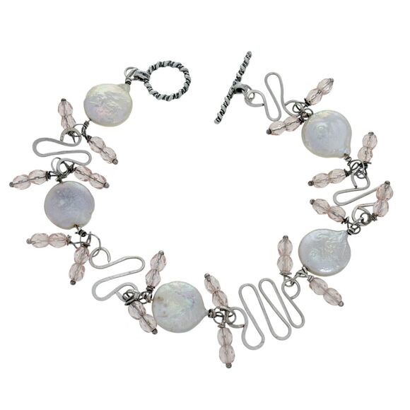 Vintage Sterling Silver 925 Pearl Crystal Beaded Bracelet 8" - Picture 1 of 5